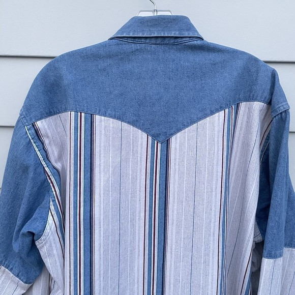 VTG Wrangler Shirt Blue Denim Stripe Brushpopper Western X-Long Tails 17.5/35 XL - Picture 4 of 12